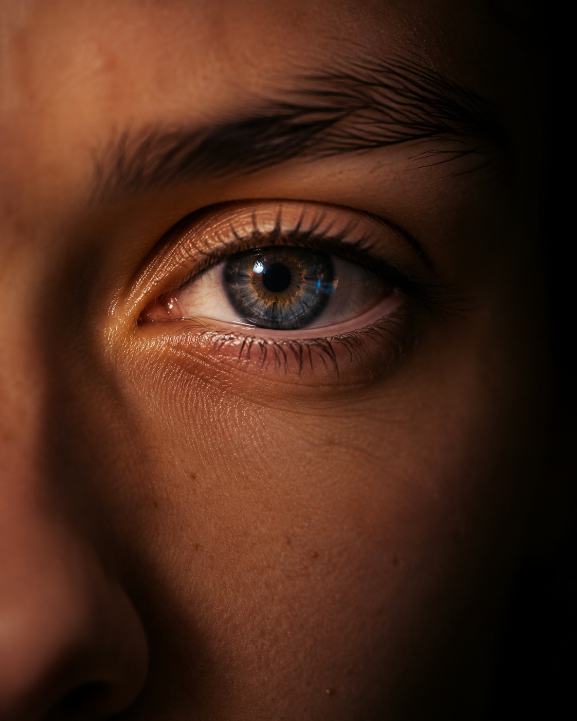 Macro-opname van een oog in gedempt licht