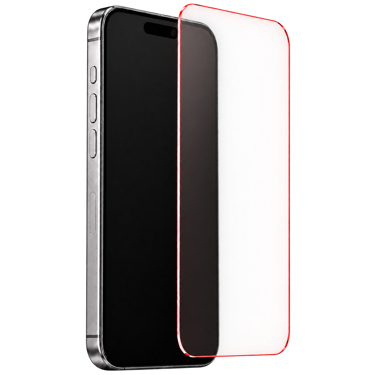 Zilveren smartphone met transparante LumaShield screenprotector met subtiele rode rand