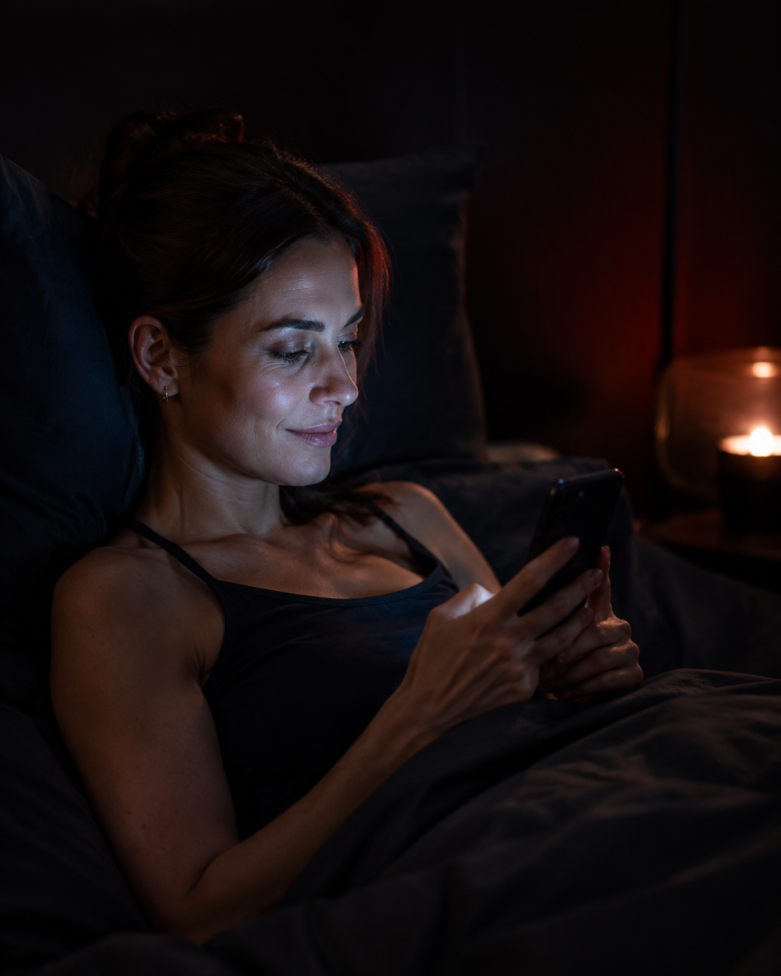 Vrouw kijkt 's avonds in bed op haar telefoon