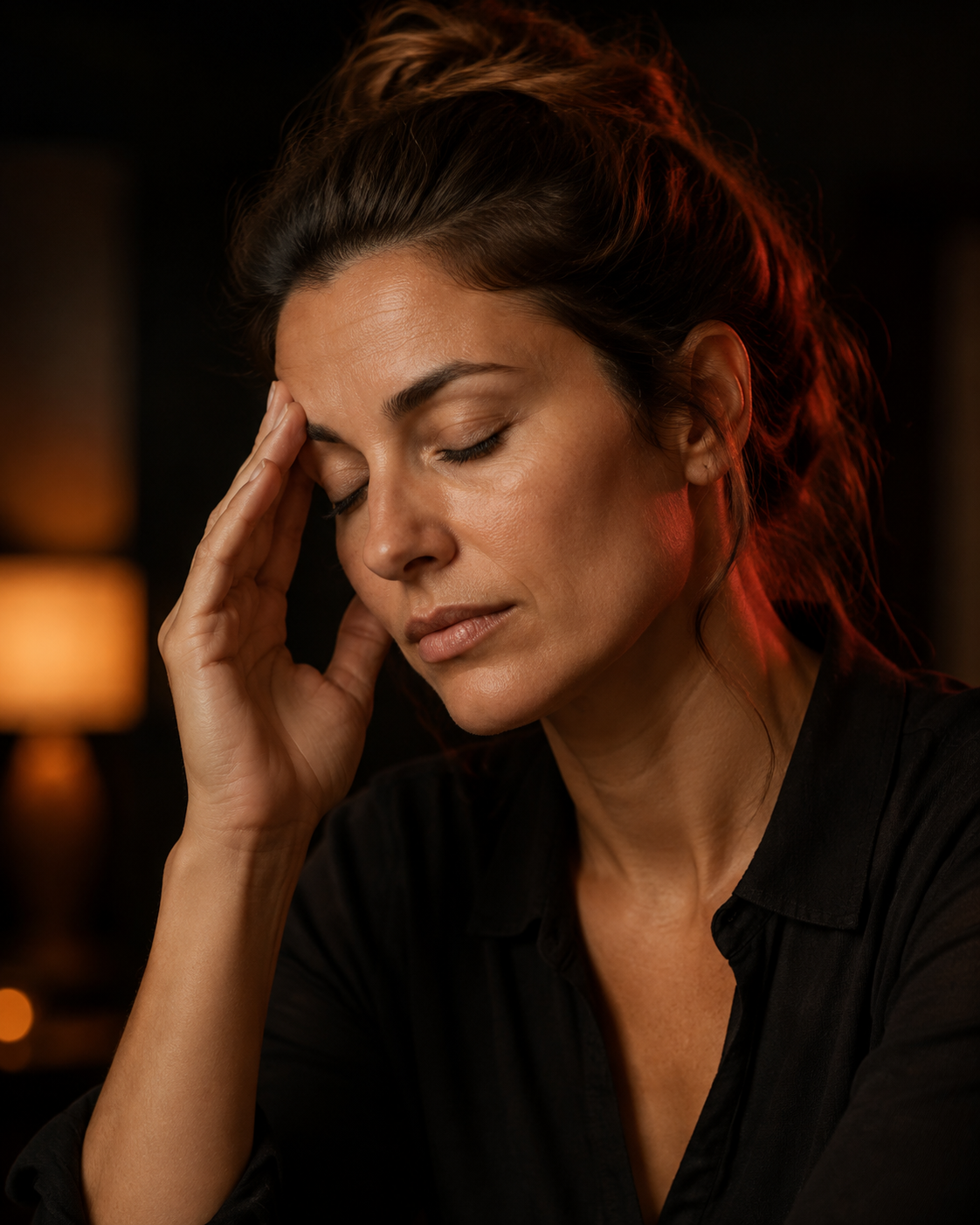 Vrouw met gesloten ogen die haar slaap aanraakt bij warm lamplicht